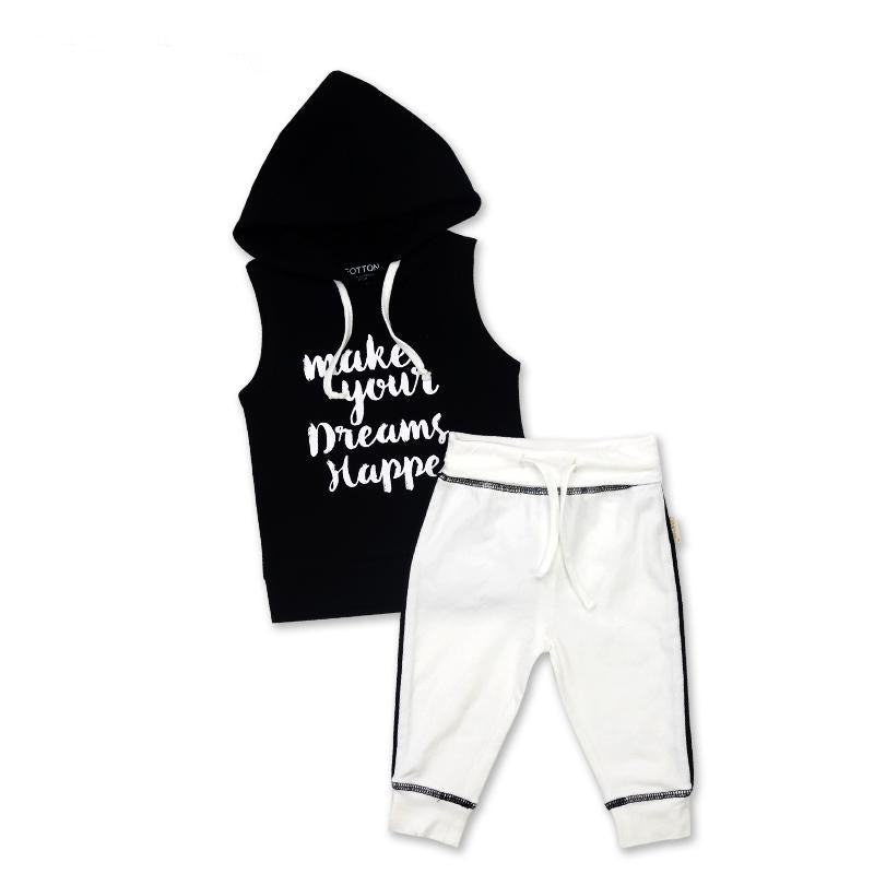 Black monochrome toddler sleeveless hoodie with white text paired with matching white jogger sweatpants.