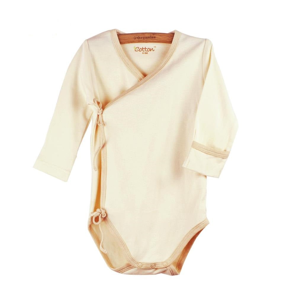 long sleeve organic baby kimono in nature white color fold mitten attached
