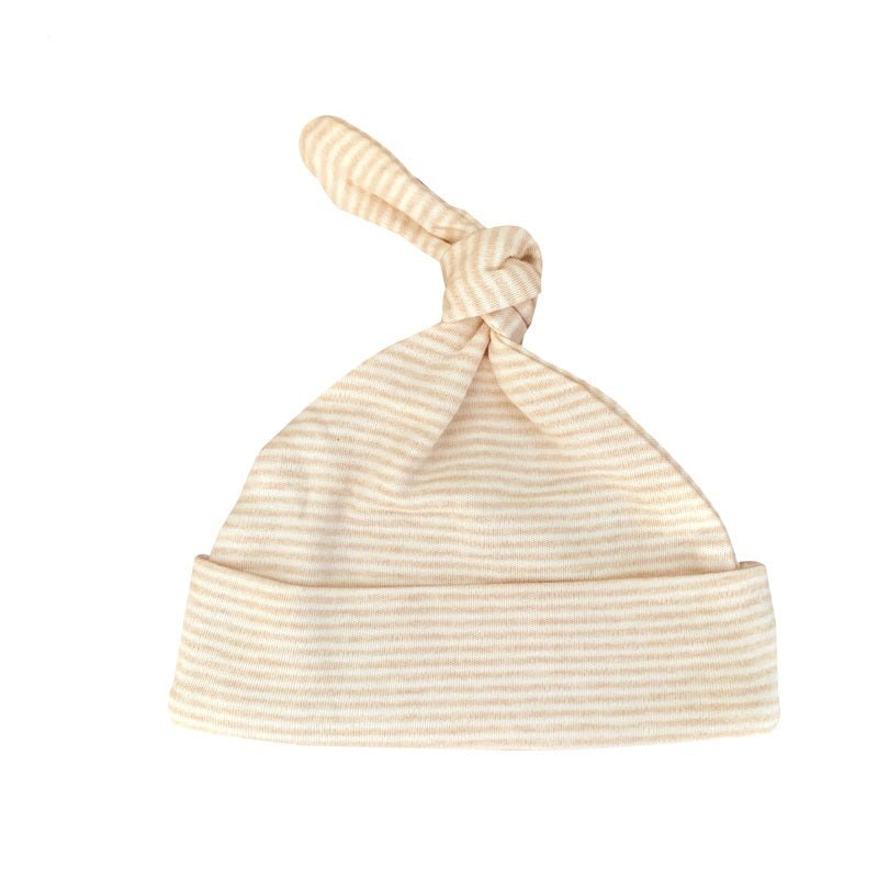 Newborn top knot beanie displaying a delicate fine stripe pattern knit from chemical free certified nature colored cotton | Eotton Canada