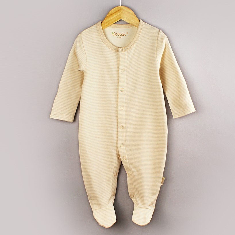 Close up view of non toxic organic infant pajamas with scratch mittens stripe