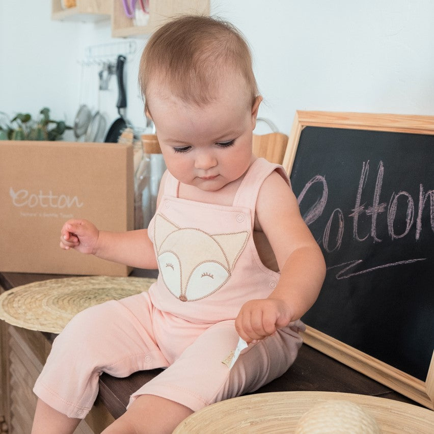 Super soft organic baby dungarees light pink on baby girl | Eotton Canada
