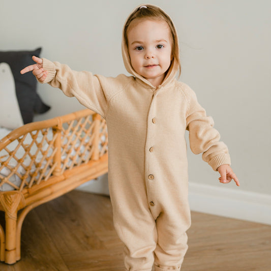 organic baby hooded romper | cable knit baby sweater onesie