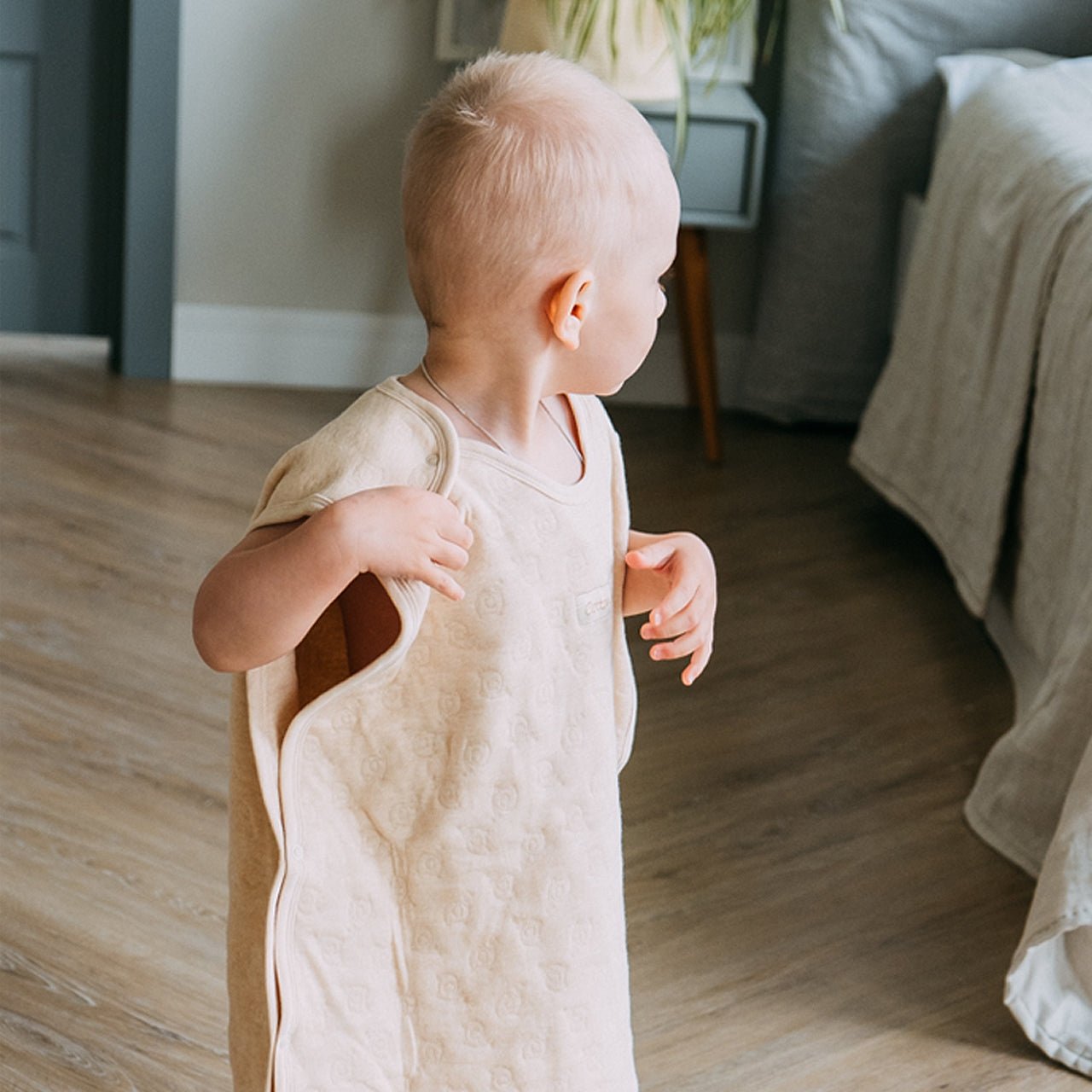 Premium organic baby sleeping bag and 2.5 TOG wearable blanket knit from unbleached certified nature colored cotton