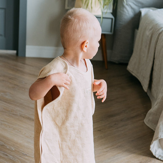 Premium organic baby sleeping bag and 2.5 TOG wearable blanket knit from unbleached certified nature colored cotton