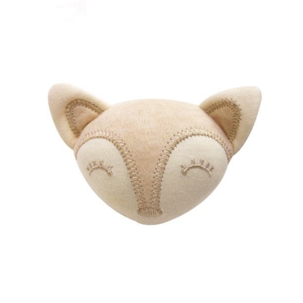 organic baby wrist and ankle rattle with a soft fox head on a nature-colored cotton band | Eotton Canada