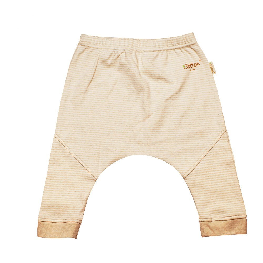 Flat lay view of our extra room diaper harem trousers stripes style showing the clean seamless look.