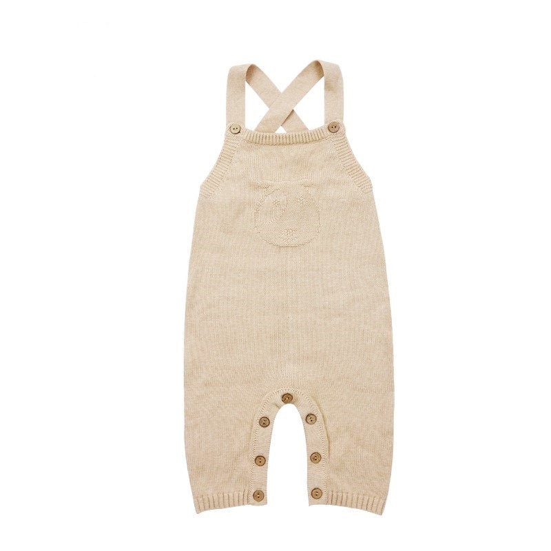 Natural undyed organic knitted baby overalls with cable knit pattern puppy | Eotton Canada