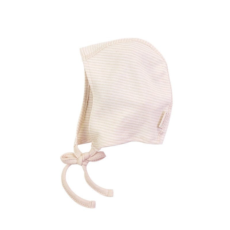 Back view of our organic newborn bonnet highlighting the smooth flatlock comfort seams designed for baby sensitive skin.