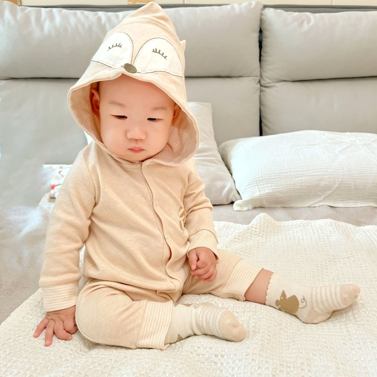 Organic Newborn Clothing: Baby Hooded Romper - Fox Theme  | Eotton Canada