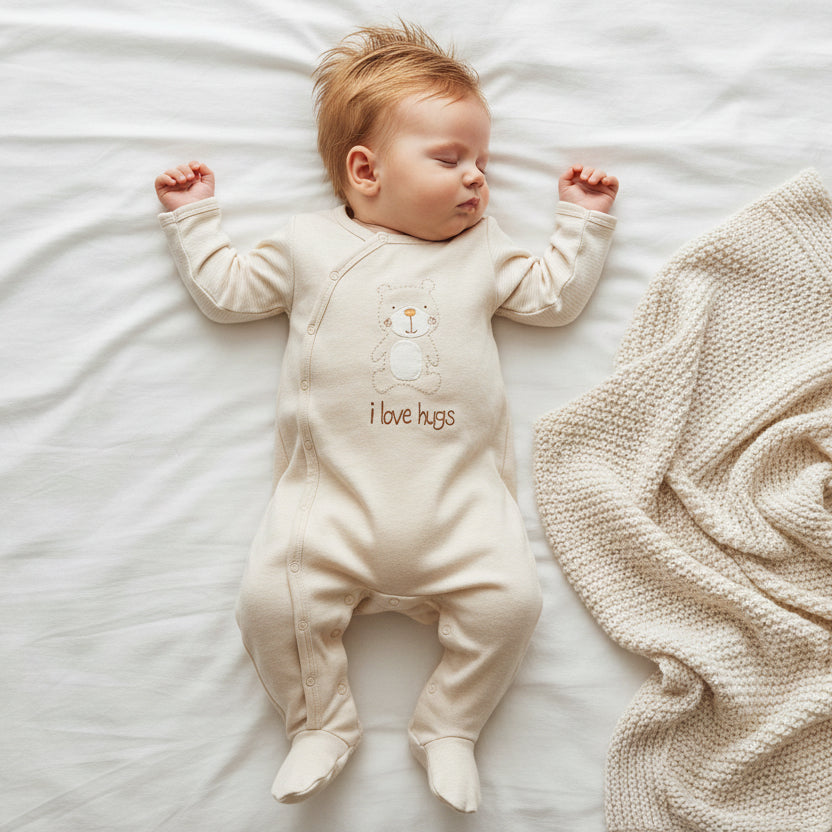 Built-in feet on a certified organic baby footed romper 