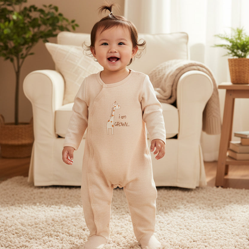 Side-snap opening on a soft organic baby sleeper for easy dressing 