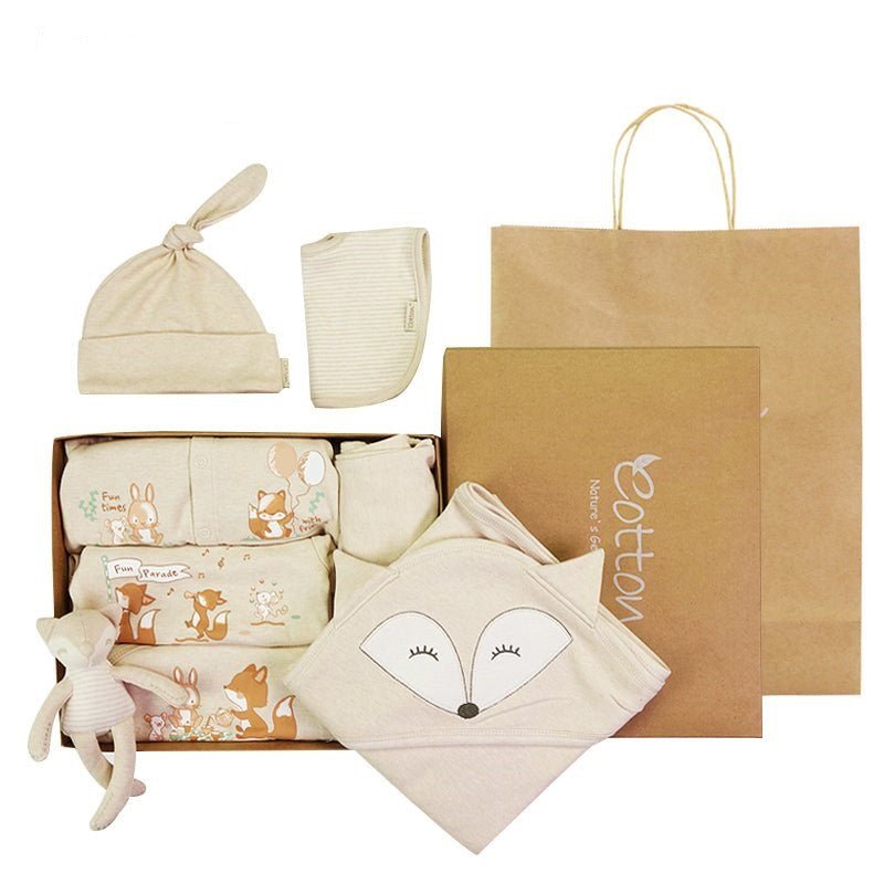 8-piece organic baby gift set featuring fox embroidered romper and matching stuffed toy in caramel brown | Eotton Canada
